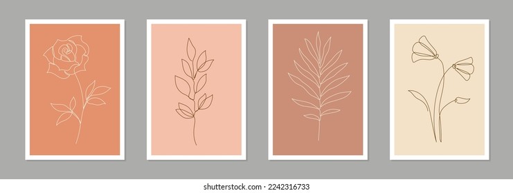 One line art flower poster set. Single continuous line leaf, flower minimal design background. Botanical abstract art for print, wallpaper. Vector illustration