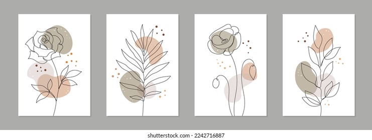 One line art flower poster set. Single continuous line leaf, flower minimal design background. Botanical abstract art for print, wallpaper. Vector illustration