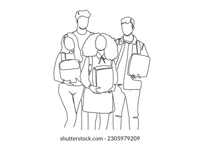 one line art friends group students education boys and girls university and college life education hand drawn illustration vector