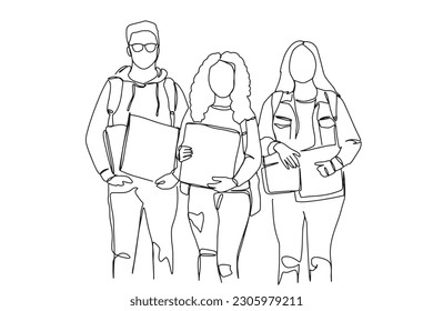 one line art friends group students education boys and girls university and college life education hand drawn illustration vector