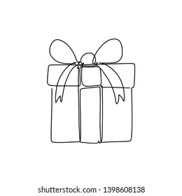 One Line Art - Gift Box With Bow And Ribbon. Minimalism Illustration On White Background. Modern Vector Decor.