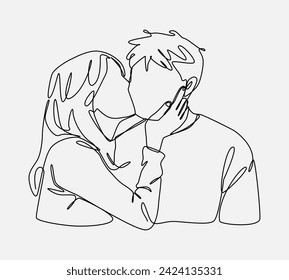 One line art of girl kissing her boyfriend cheek. Editable stroke. illustration with white background.