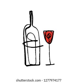 One line art glass and bottle of red wine set, hand drawn sketch