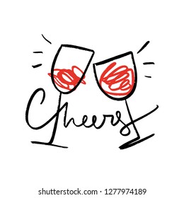 One line art glasses with red wine set, hand drawn sketch. Cheers text