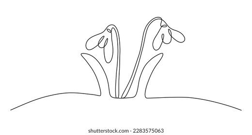 One line art growing flower. Single continuous line of spring snowdrops. The concept of the arrival of spring, Earth day.