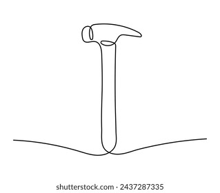 One line art hammer isolated on white background. Carpentry equipment and tools in outline style. Hand drawn design with editable stroke.