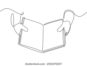 Una línea de arte de la mano sosteniendo un libro. Dibujo simple y minimalista en línea continua