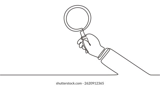 One Line Art Hand Holding Magnifying Glass. Investigation Analysis Concept Vector.