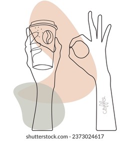 One line art hand holds coffee.coffee beans. A glass of coffee.