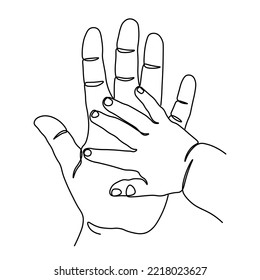 one line art. the hands of an adult and a child. family hands drawing. beautiful minimalist, vector illustration
