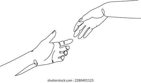 One line art with hands. Black and white linear Male and female hand reaching out to each other through the heart. Minimalist Valentine's day illustration. Renaissance motifs. Love and support concept
