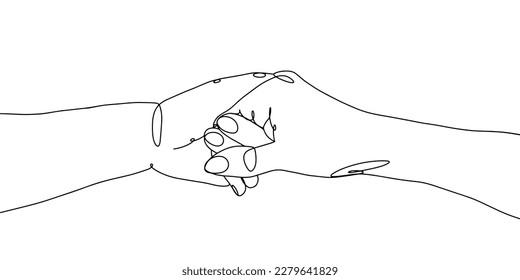 One line art with hands. Handshake drawn with line. Couple holding hands. Black and white linear male and female hand. Minimalist Valentine's day illustration