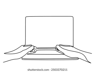 One line art of hands typing on a laptop keyboard. Minimalist drawing of working or studying on a laptop.