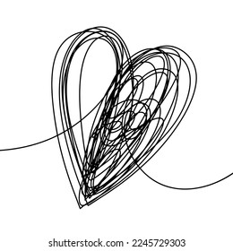 One line art with heart. Tangled ball of hearts. Continuous linear clew in shape of heart. Love and relationship concept 