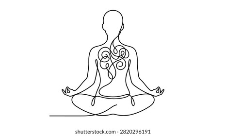 One line art of human in yoga pose with complex internal knot symbolising emotional struggle and healing.
