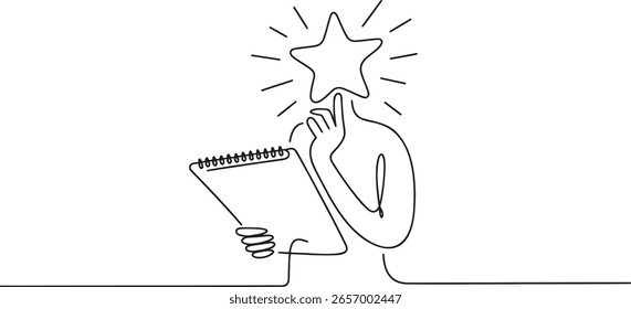 One Line Art of an Idea Generating Person with a Notebook, Depicted by Star Head