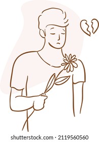 one line art illustration men fall in love heart and flower