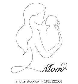 One line art illustration with mom and baby, happy mothers day greeting card on white background. Woman hold her newborn baby. Vector illustration