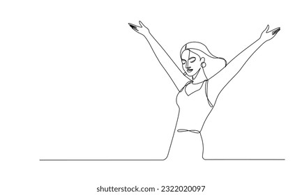 One Line Art Illustration of a Woman with Raised Hands in a Gesture of Greeting or Ending of a Performance, Dance, Joyful Expressions, Celebration of Femininity, Uplifting Energy, Medium Shot, Vector