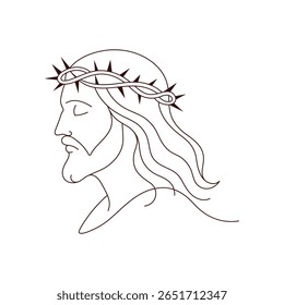 Uma linha de arte de Jesus Cristo com coroa de espinhos. Vetor religioso minimalista simbolizando sacrifício, fé e salvação. Ilustração do contorno sobre fundo branco.
