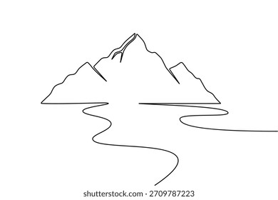 Uma linha de arte paisagem de montanhas e rio na ilustração simples