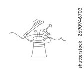 one line art Magic Wand and Hat vector illustration. line art, one continuous line, simple, hand drawn and sketch style. for icons, symbols, signs or logos