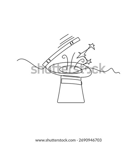 one line art Magic Wand and Hat vector illustration. line art, one continuous line, simple, hand drawn and sketch style. for icons, symbols, signs or logos