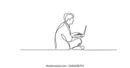 One Line Art Man Sitting on the Floor with Laptop. Minimalist Freelance and Remote Work Concept