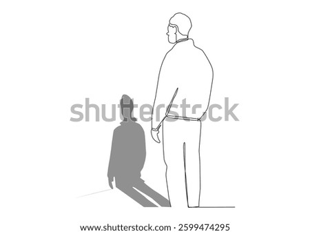 One line art of man stands near the wall, the concept of self-reflection, self-knowledge, looking at yourself.