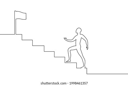 One line art man step up stairs. Road to success teamwork career progress. Continuous line job aim leader challenge concept vector illustration