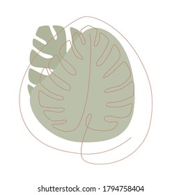One line art monstera leaf with abstract line art.Vector illustration of abstract monstera leaf with tropical line art.