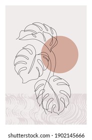 One line art monstera leaves poster. Elegant tropical leaf with grunge doodle texture background. Natural vector illustration for minimalist print, cover, boho home decor, organic wallpaper design