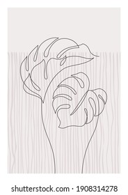 One line art monstera leaves poster. Elegant tropical leaf with grunge doodle texture background. Natural vector illustration for minimalist print, cover, boho home decor, organic wallpaper design