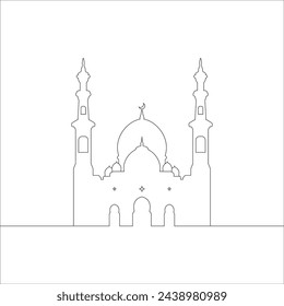 One line art Mosque, minimal line art design. Arabic Muslim masjid building. Clip art holiday religion.	
