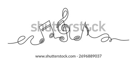 One line art music notes and treble clef. Minimalist continuous line drawing.
