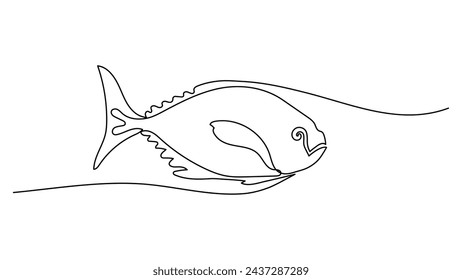 One line art of ocean Tuna for logo identity. Large lake Fish mascot concept for fishing tournament icon. Continuous line draw design vector graphic illustration. Editable stroke.