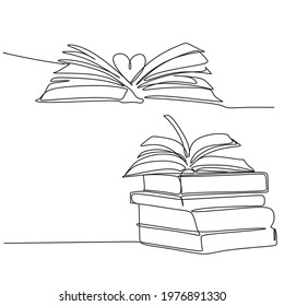 One line art open book with flying pages. Book one line drawing banner. Vector Back to school theme for landing page website. Library logo