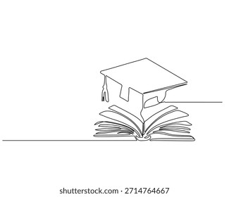 Una línea de arte de un libro abierto con un gorro de graduación. Simboliza la educación, el aprendizaje y el éxito académico. Ideal para la escuela, la universidad, el estudio o temas de diseño inspiradores.