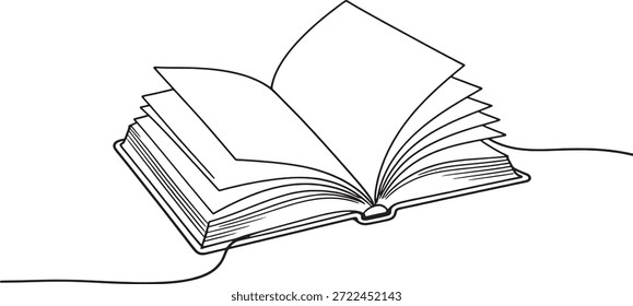 Una línea de arte de libro de texto abierto con páginas de cambio de rumbo que representan el conocimiento y los recursos de Biblioteca para estudiantes y profesores escolares o universitarios