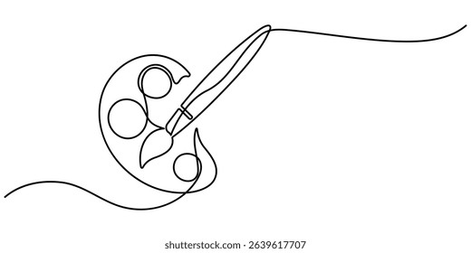 one line art palette and brush vector icon. single line, one continuous line, simple, hand drawn and sketch style. Continuous one line drawing of a art materials. for icons, symbols, signs or logos. 