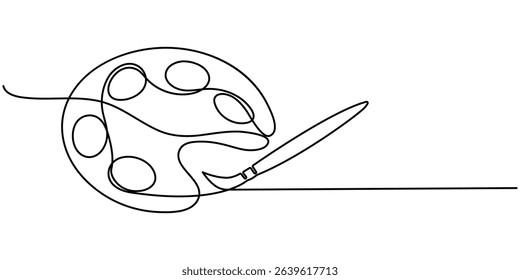 one line art palette and brush vector icon. single line, one continuous line, simple, hand drawn and sketch style. Continuous one line drawing of a art materials. for icons, symbols, signs or logos. 