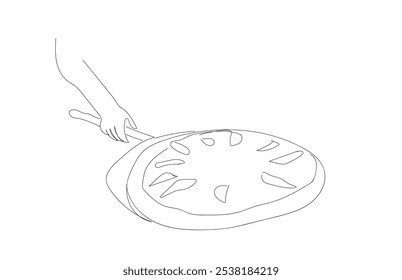 Uma ilustração de vetor de pizza pepperoni de arte de linha, esboço minimalista, ícone, desenho de contorno único. Pizza de linha fina contínua.  Conceito de fast food. Vetor feito à mão não AI