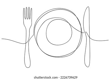 One line art. Plate knife, fork continuous outline drawing. Decoration for cafe or kitchen, restaurant or menu. Cutlery vector illustration