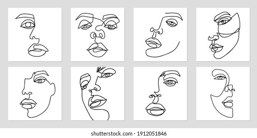 One Line art portraits. Abstract female face painting. Woman contour silhouette. Continuous drawing posters. Contemporary minimalist set. Vector Artwork. Black and white.