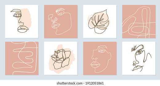 One Line art posters. Abstract female face painting. Woman contour silhouette. Continuous drawing portrait illustration. Contemporary minimalist set. Fashion graphic design. Vector Artwork.