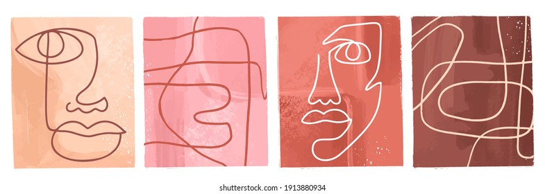 One Line art posters. Abstract female face painting. Woman contour silhouette. Continuous drawing portrait illustration. Contemporary minimalist set. Fashion graphic design. Vector Artwork.