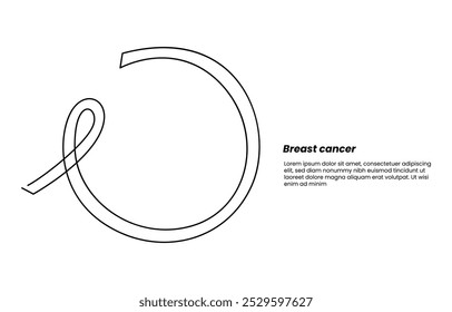 One line art of ribbon cancer as a border in continuous outline. Ribbon drawn in one continuous line. Pencil drawing style. National Breast Cancer Awareness month. One line drawing, minimalism