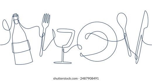 One line art seamless pattern of knife, fork, bottle, plate and wineglass isolated on white background for restaurant logo or business card	