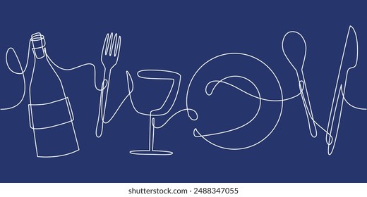 One line art seamless pattern of knife, fork, bottle, plate and wineglass isolated on blue background for restaurant logo or business card