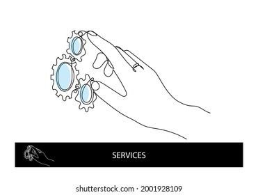 One line art for services category or settings. Linear hand touch gears